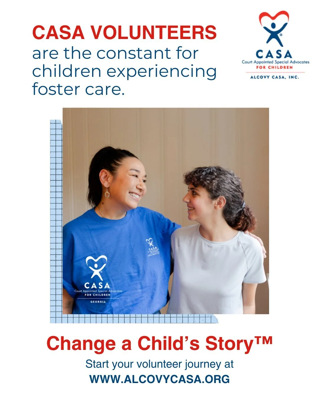 Be the constant for a child experiencing foster care! Start your volunteer journey at www.AlcovyCASA.org⭐