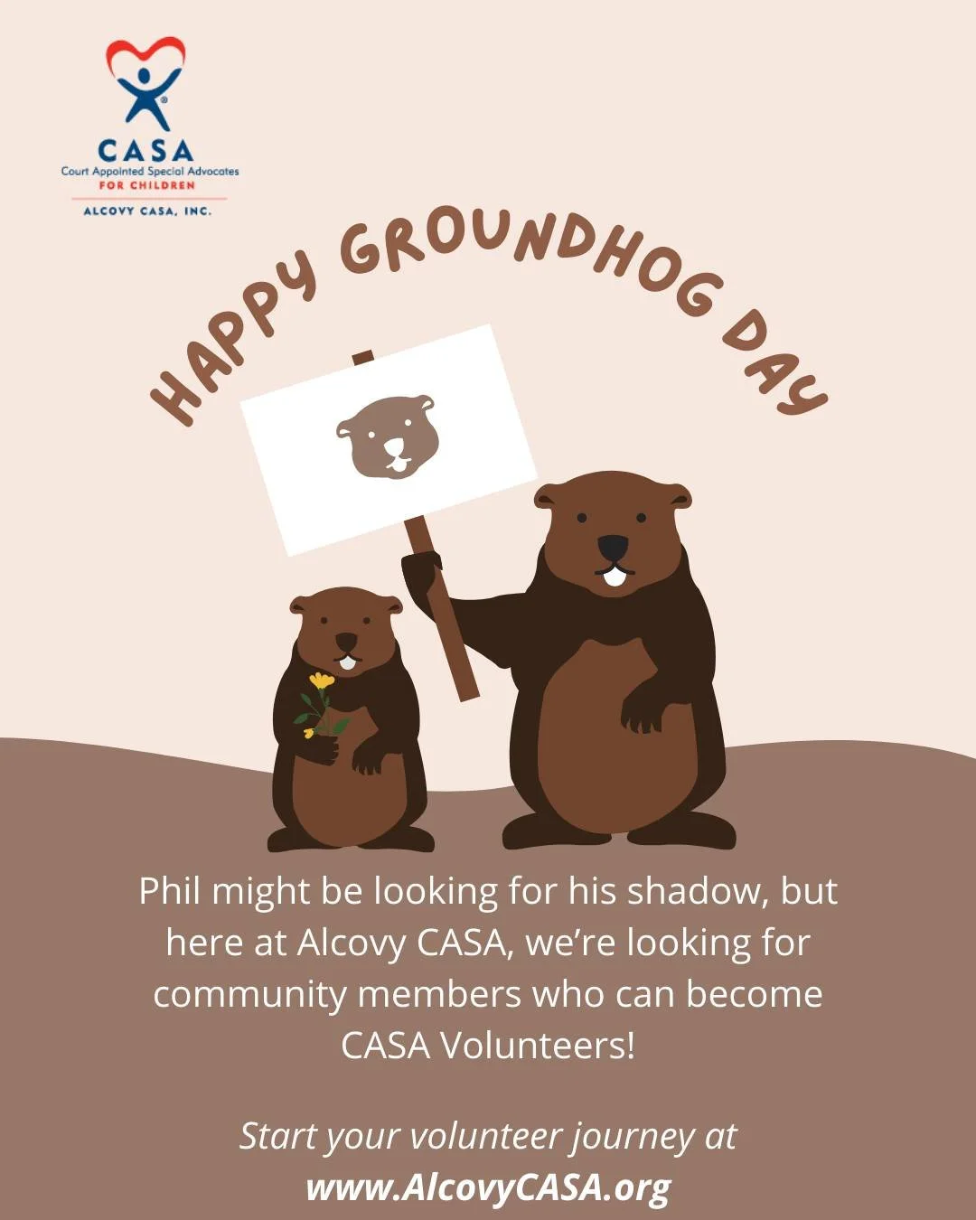 Phil might be looking for his shadow, but here at Alcovy CASA, we&rsquo;re looking for community members who can become CASA Volunteers!

Start your volunteer journey at www.AlcovyCASA.org