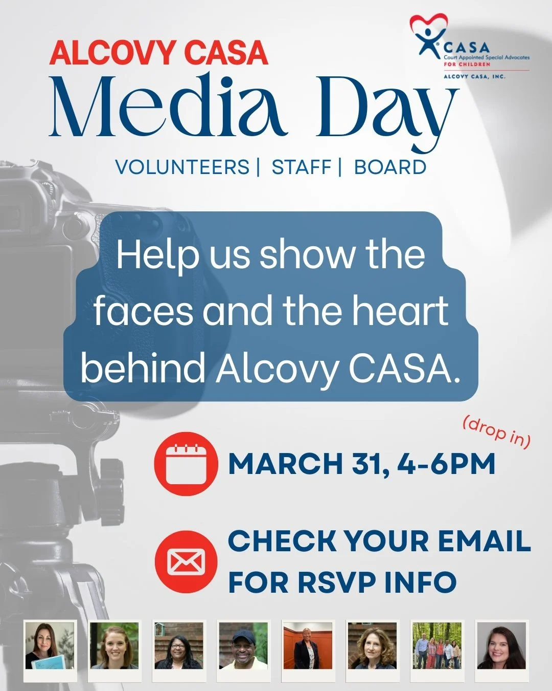 CASA Volunteers: You're invited to our Alcovy CASA Media Day!

🗓March 31st
🕛4:00-6:00pm (drop in)
☑RSVP Via Email

Help us show the faces and the heart behind Alcovy CASA. Check your email for more information and for your RSVP!