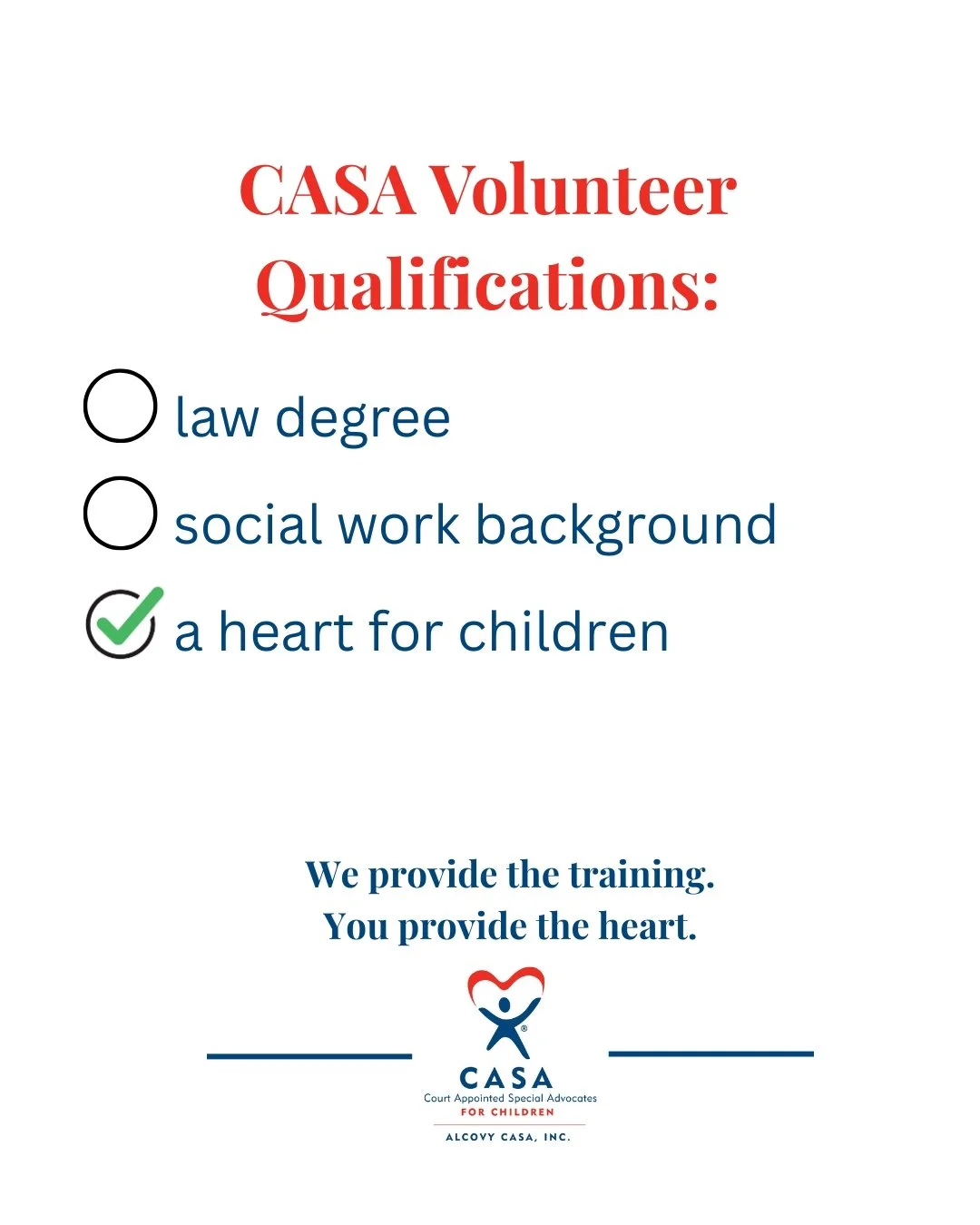 Think you need a special degree to change a child's life? Think again. Our volunteers are teachers, veterinarians, dental hygienists, retirees, and everyday neighbors. We provide the training, you provide the heart. 

Join us for our next Pre-Service