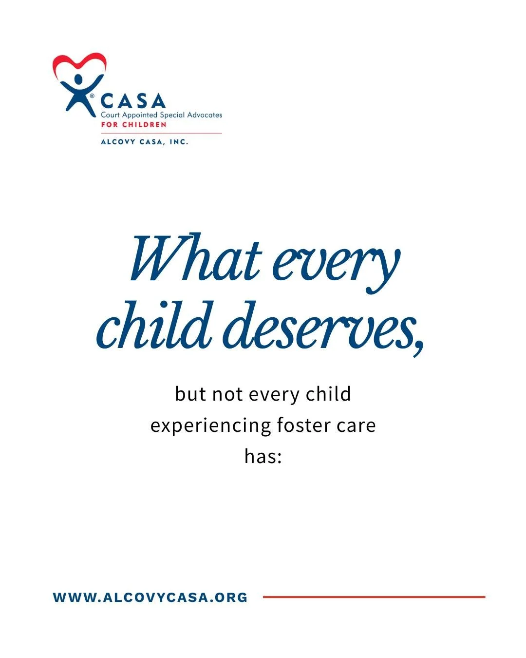 Help Alcovy CASA support every child experiencing foster care from Newton and Walton Counties. 

Your donation, volunteer hours, and support all help to #changeachildsstory . Join us this #NationalFosterCareMonth in our mission!

Visit our website to