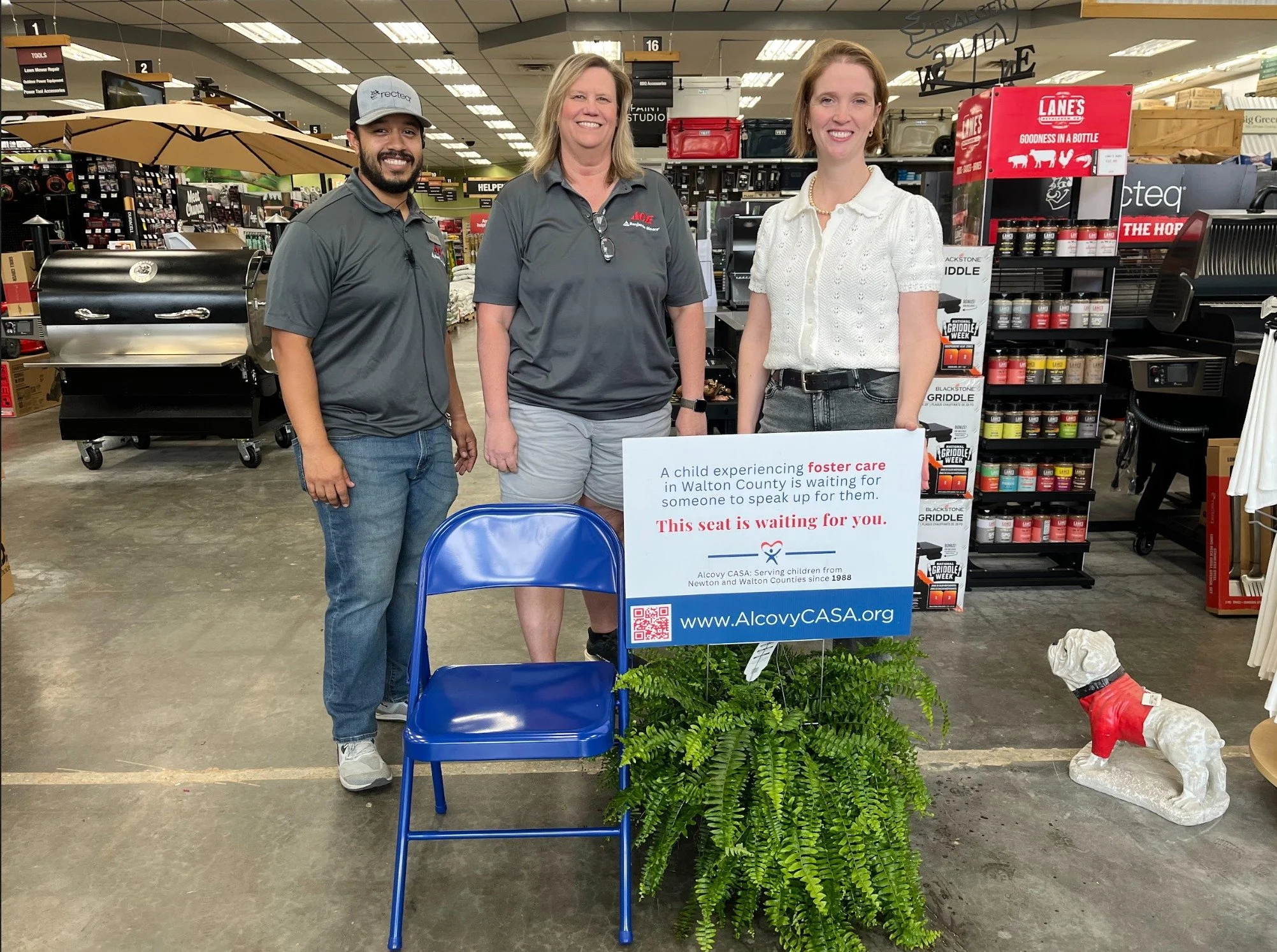 Spotted: An Alcovy CASA #nationalfostercareawarenessmonth sign and chair at Monroe Ace Hardware! Thank you to store owner Teresa Rains, and to Harold Lollar, for supporting our program and the children we serve! 

@monroeacehardware 
#FosterCare #Nat