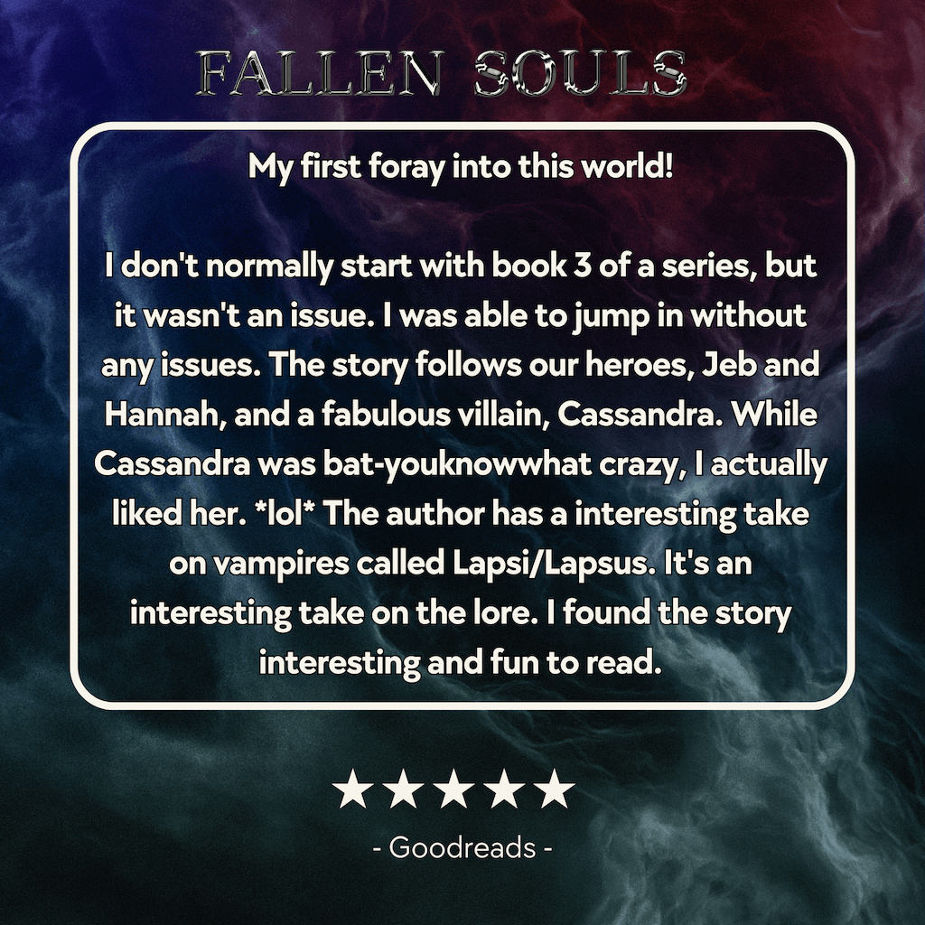 A 5 star review that says "While Cassandra was bat-youknowwhat crazy, I actually liked her. *lol* The author has a interesting take on vampires called Lapsi/Lapsus. It's an interesting take on the lore."