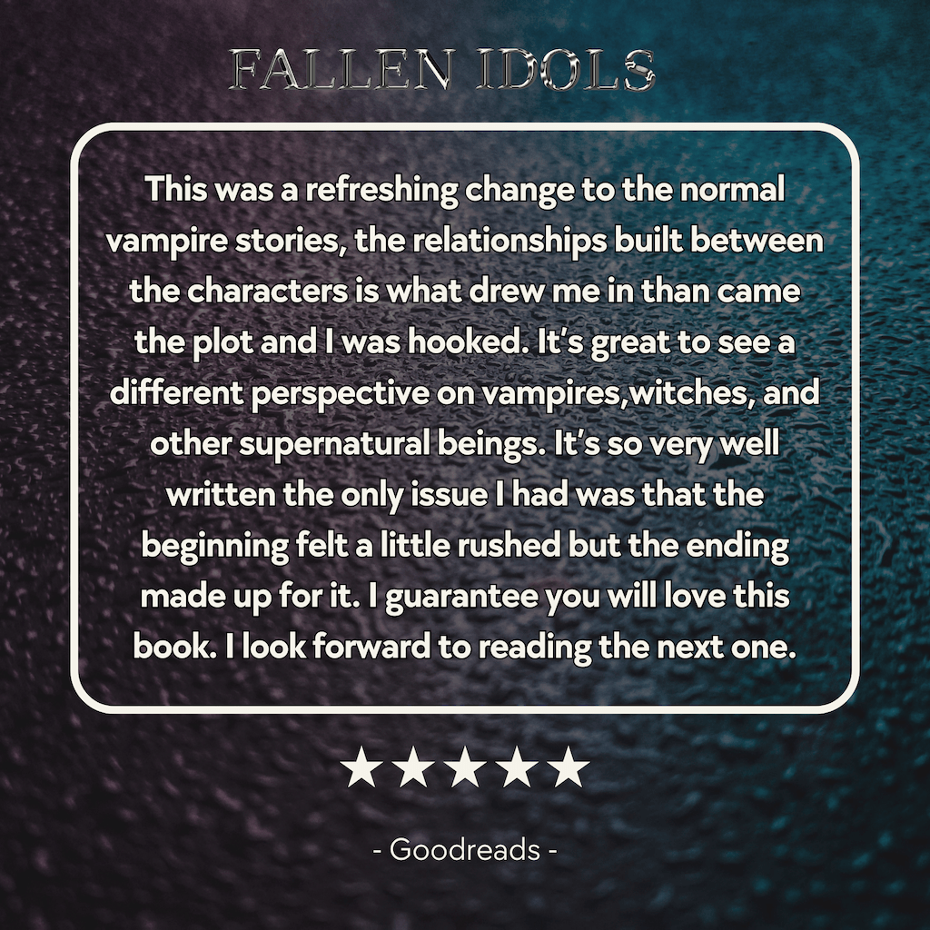 A 5 star review that says "It’s great to see a different perspective on vampires,witches, and other supernatural beings."