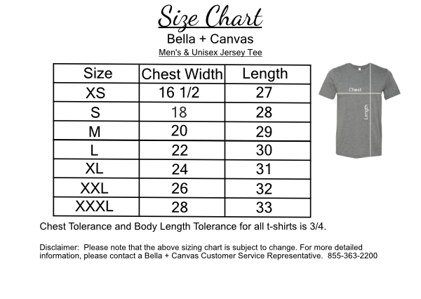 Size chart for Bella + Canvas men's and unisex jersey t-shirts, with measurements for chest width and length across various sizes, featuring a picture of a gray t-shirt on the right side.
