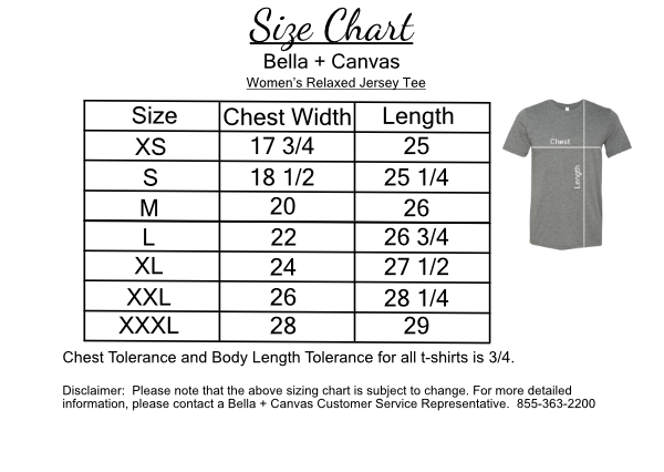 Size chart for Bella + Canvas Women's Relaxed Jersey Tee, displaying sizes from XS to XXXL with chest width and length measurements, alongside a picture of the t-shirt with chest and length lines marked.