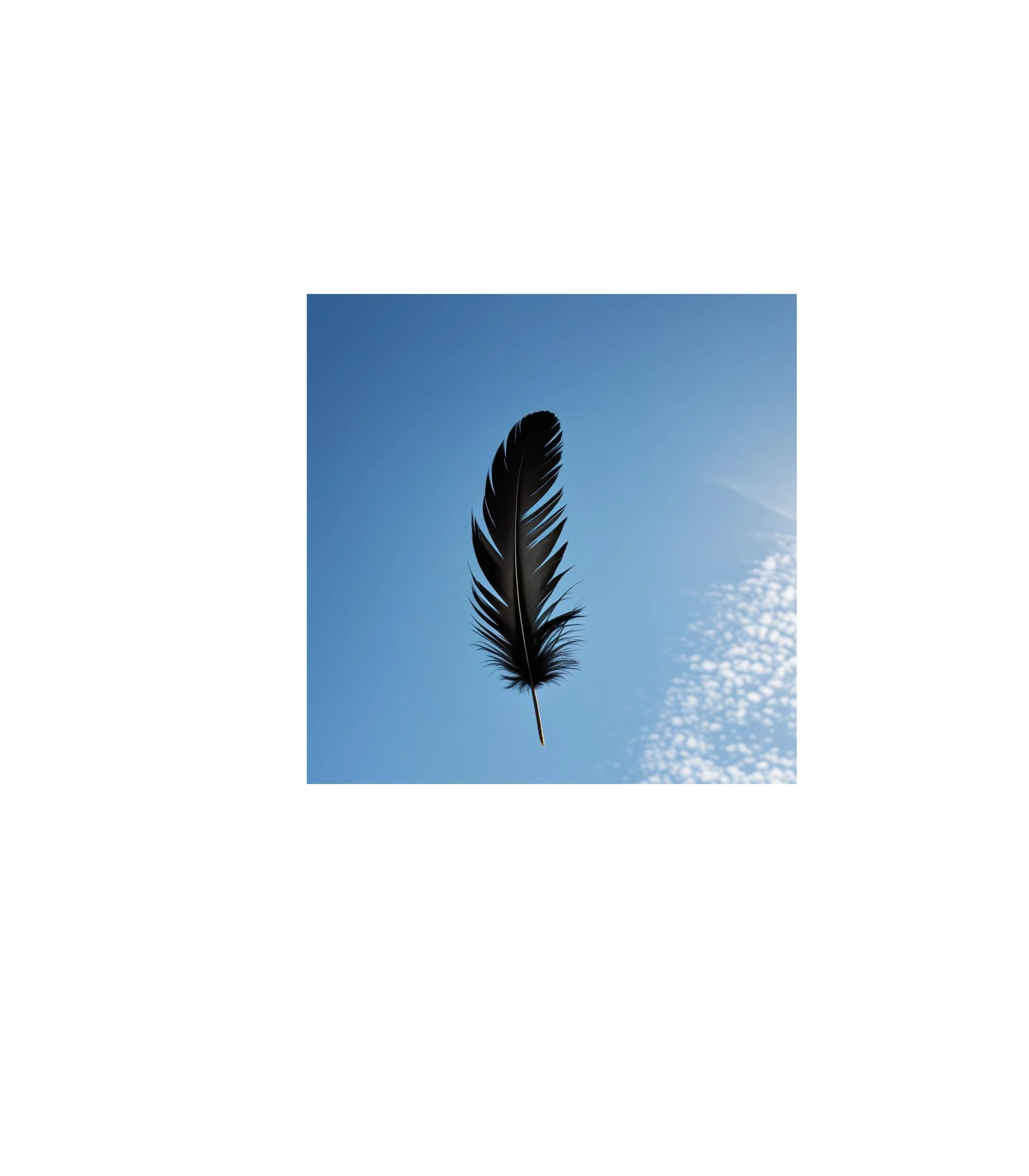 A single black feather falling gracefully from a clear blue sky, with the suggestion of an angel's wing partially visible above, rendered with soft, ethereal lighting and delicate detail.