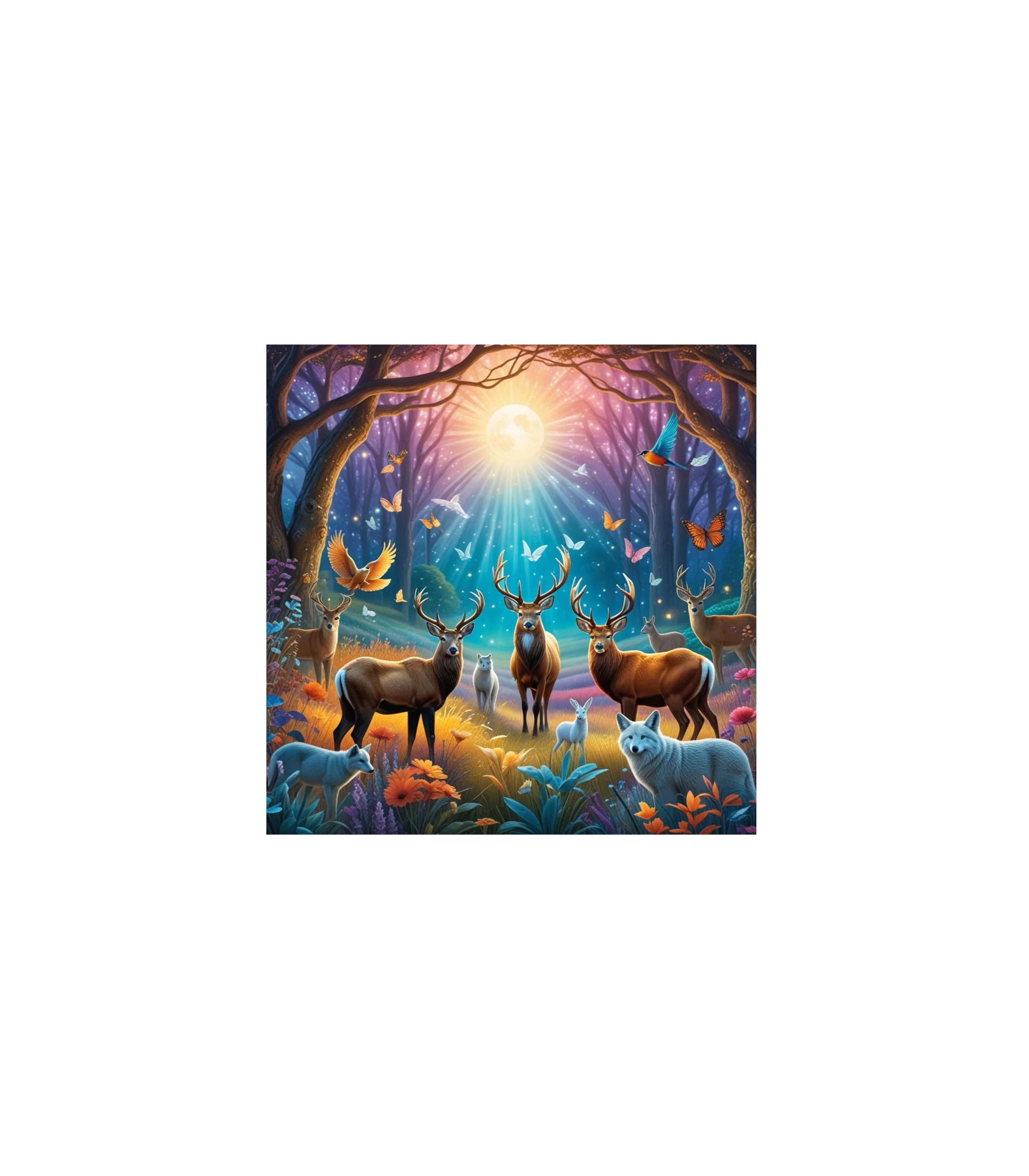 Colorful forest scene at night with deer, wolves, rabbits, and birds under a full moon with glowing lights and butterflies. Spirit animals or Animal Totems.
