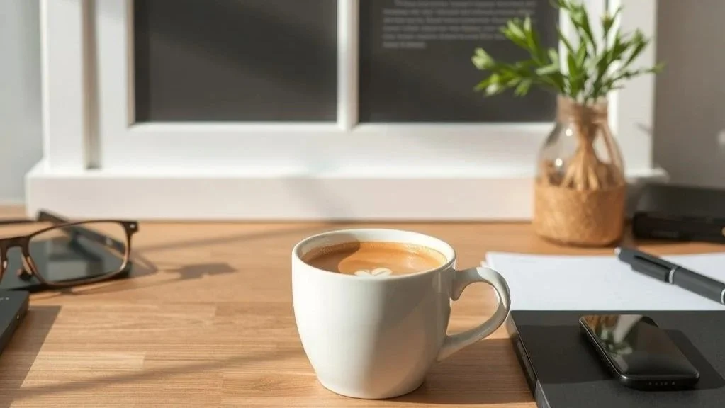 Cup of coffee on a wooden desk with a pair of glasses, notepad, pen, smartphone, and small plant in a copper vase, near a window.