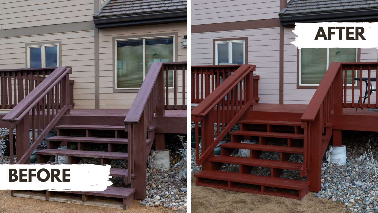 Side-by-side comparison of a house's wooden deck stairs labeled 'before' and 'after' renovation. The 'before' stairs are aged and weathered, while the 'after' stairs are freshly painted in a reddish hue.