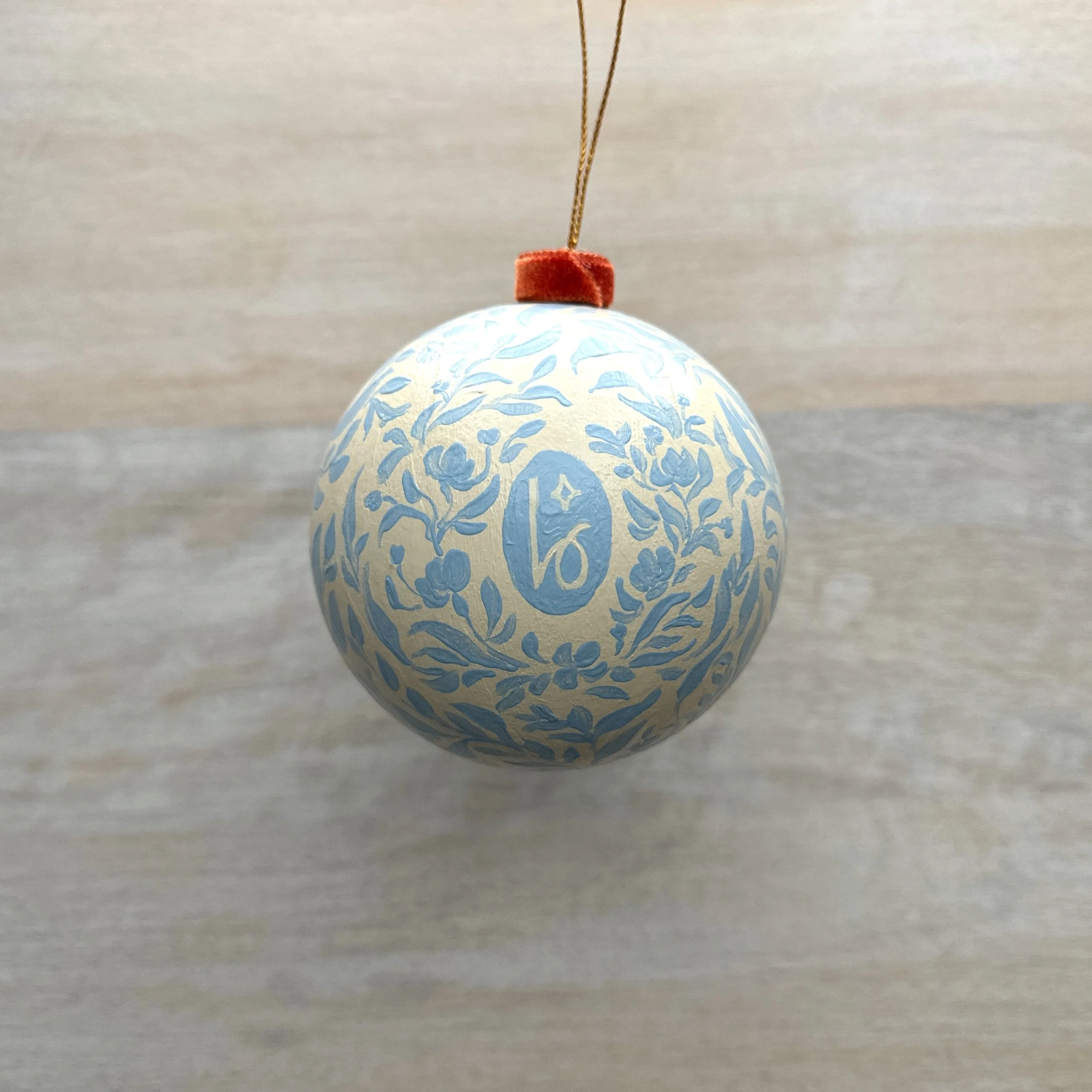 Hand painted paper mache Christmas ornament with Blue and White botanicals by Blair Frazier Art