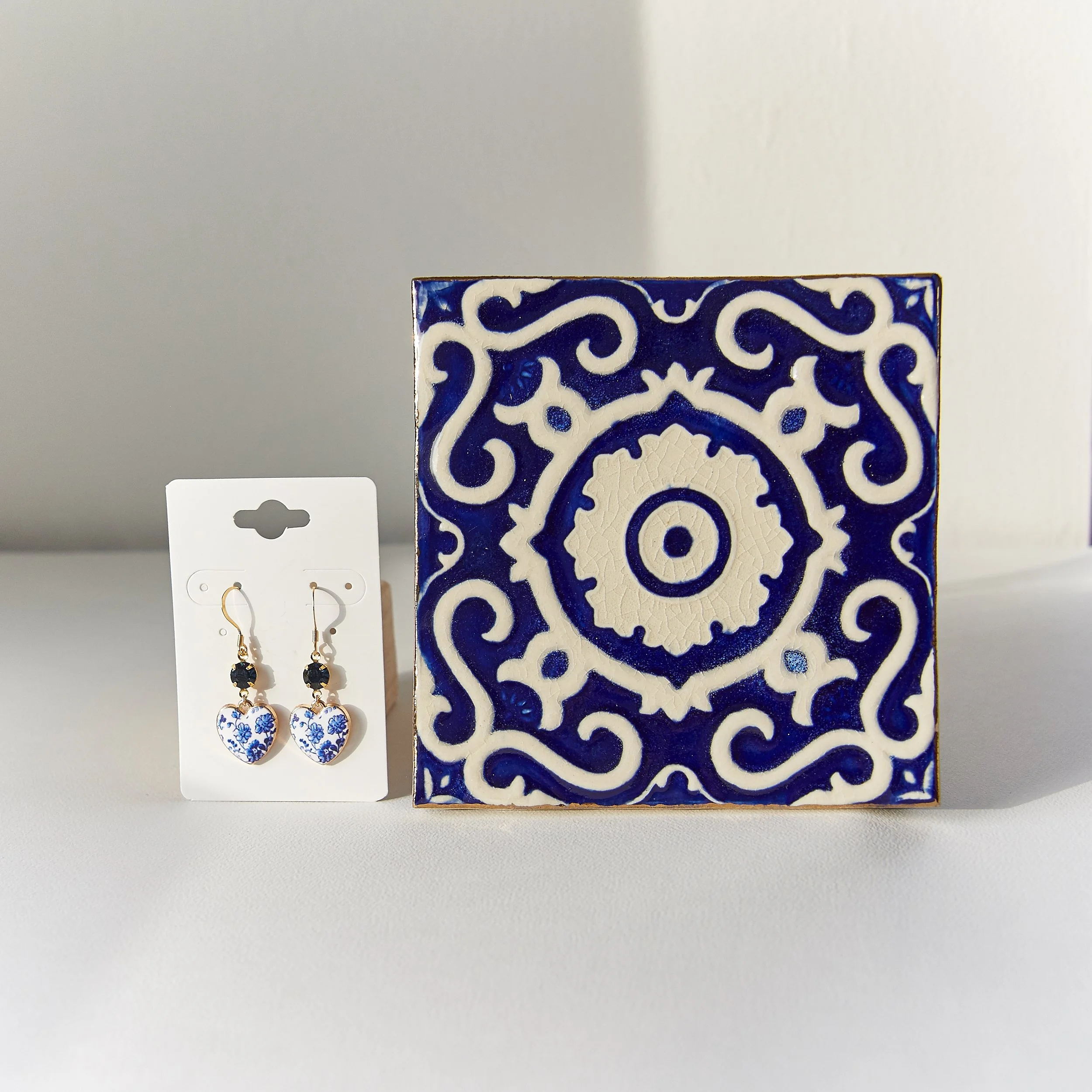 Tile Dish with Heart Charm Earrings