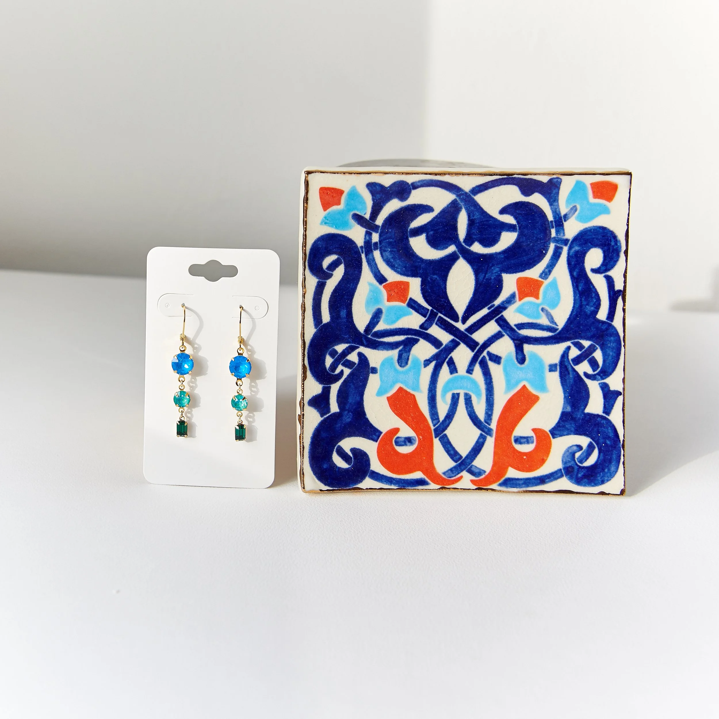 Tile Dish and Swarovski Earrings