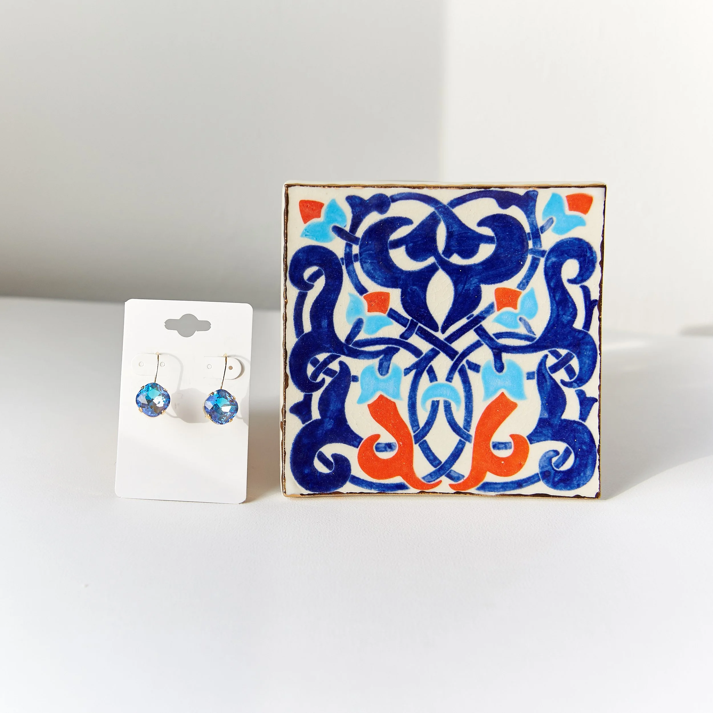 Tile Dish and Swarovski Earrings