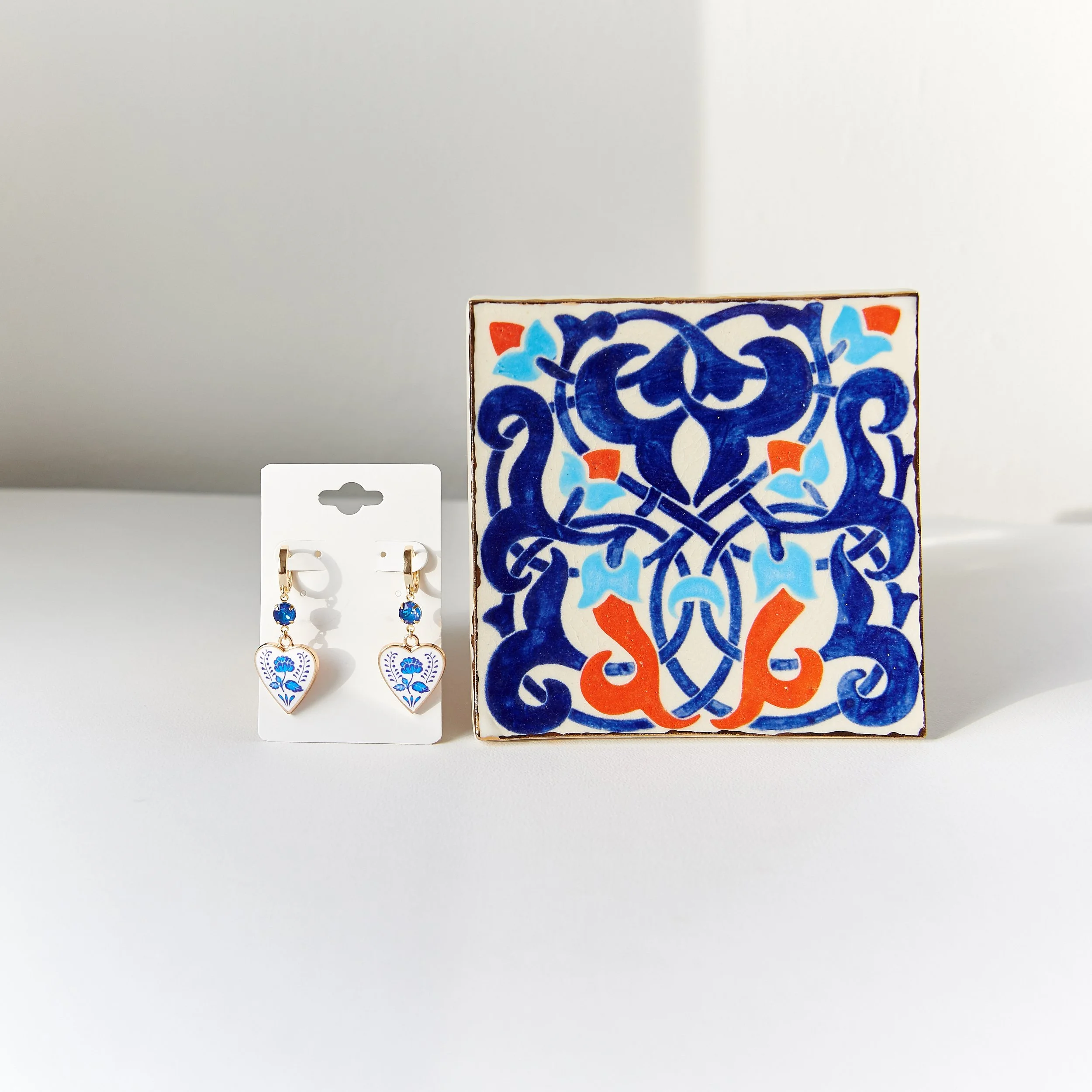 Tile Dish and Heart Charm Earrings