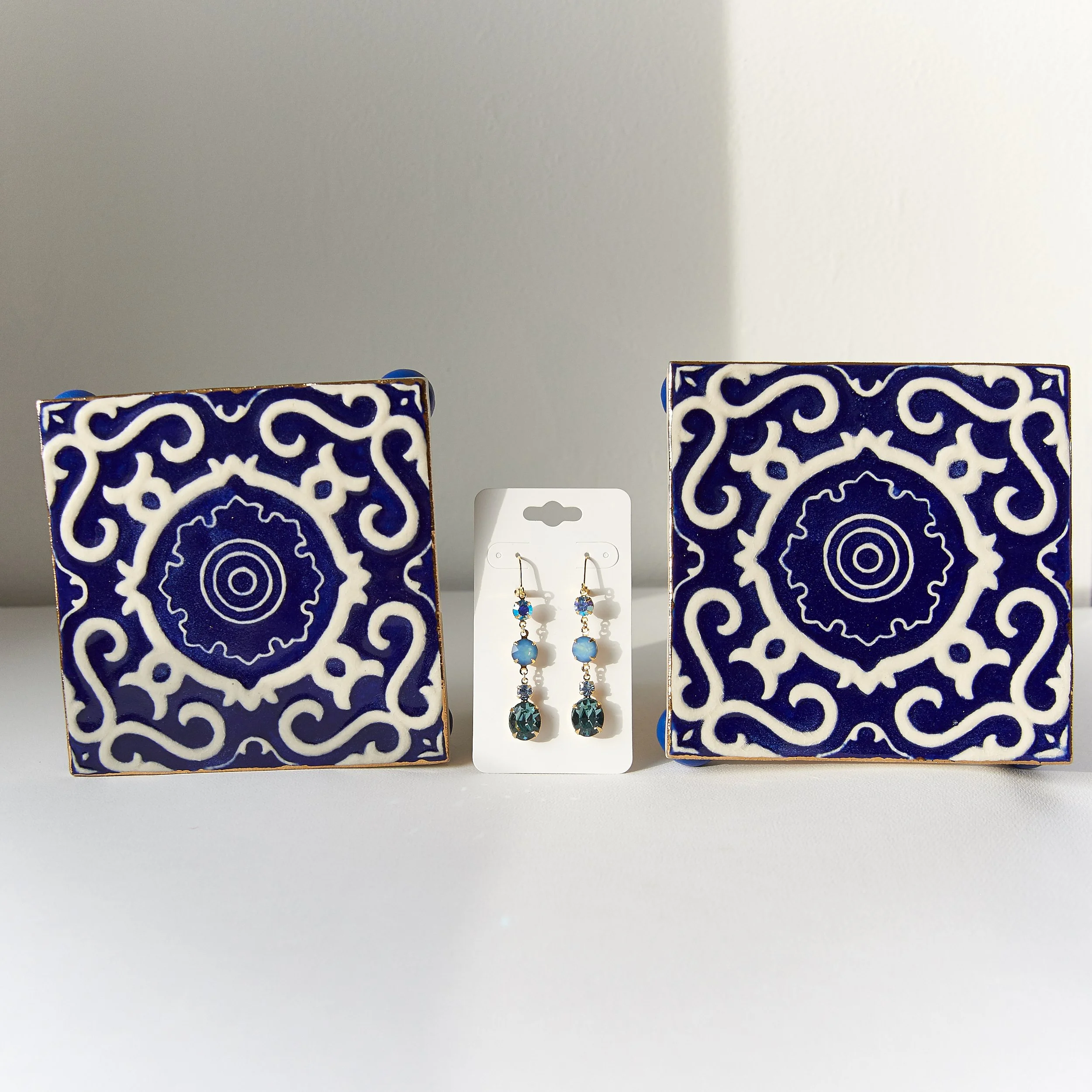 Two Tile Dishes with Swarovski Earrings