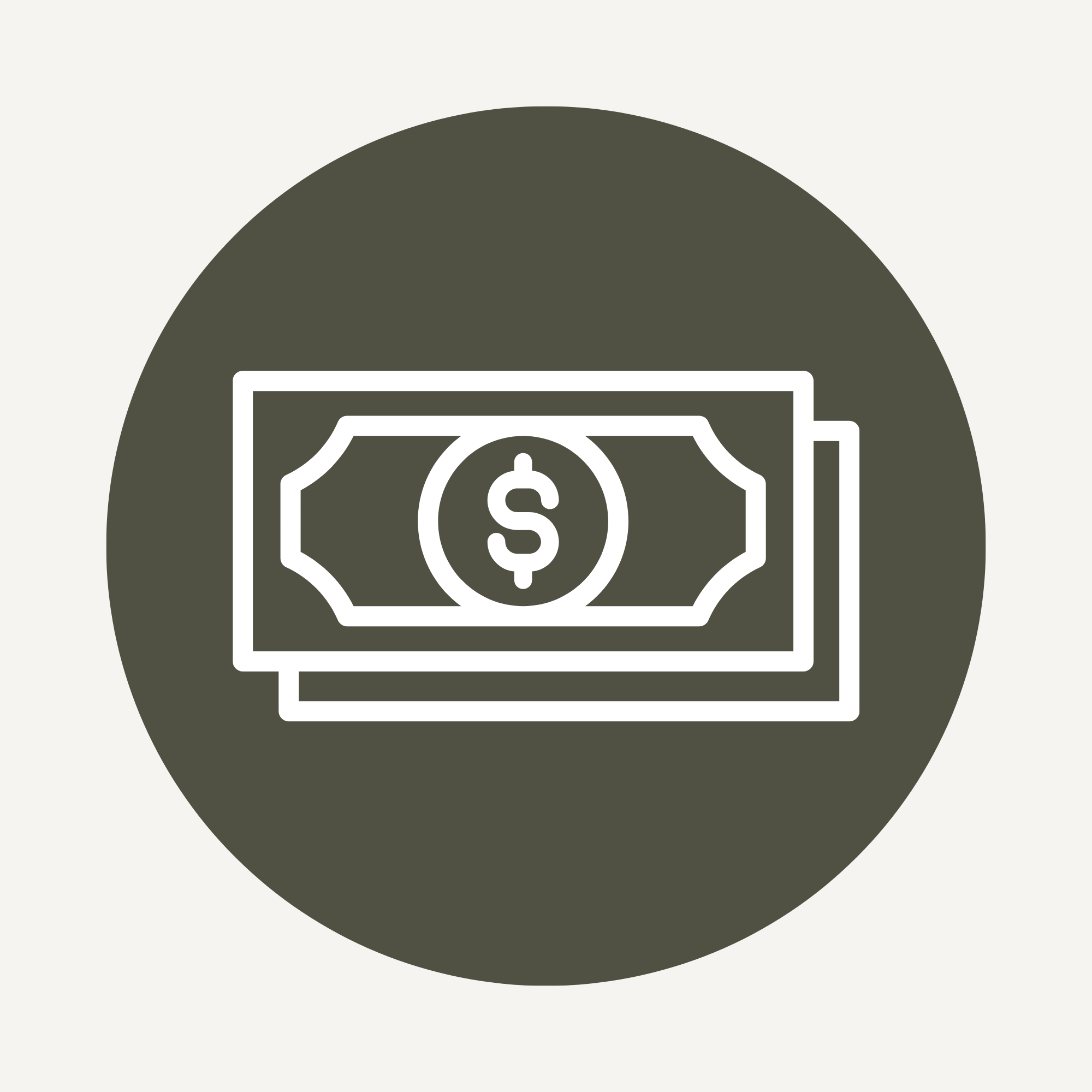 Outline of paper currency bills with dollar signs in the center, on a dark circular background.
