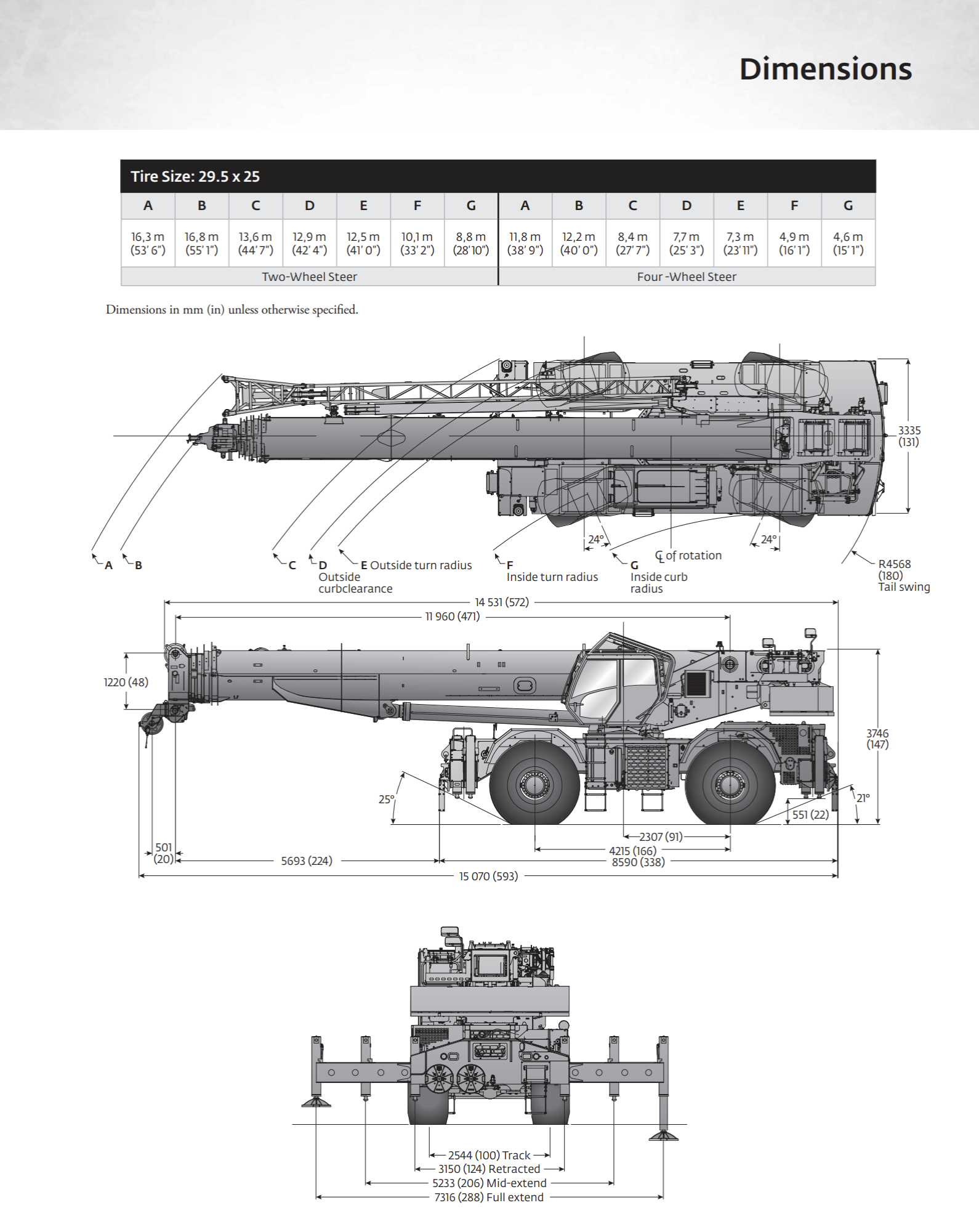 Dibujo técnico de una grúa militar con dimensiones y especificaciones en milímetros, vista lateral y frontal.