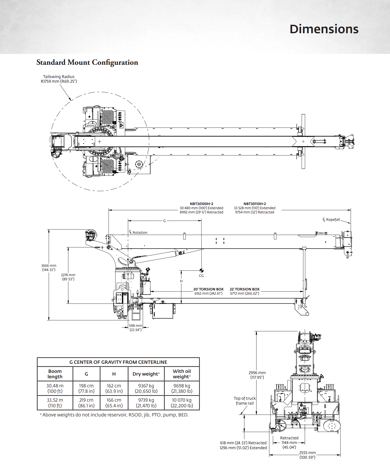 Diagrama técnico de dimensiones y configuración de un equipo de grúa, mostrando vista superior, lateral y frontal con detalles de mediciones en milímetros y pies, así como especificaciones de peso y radio de inclinación.
