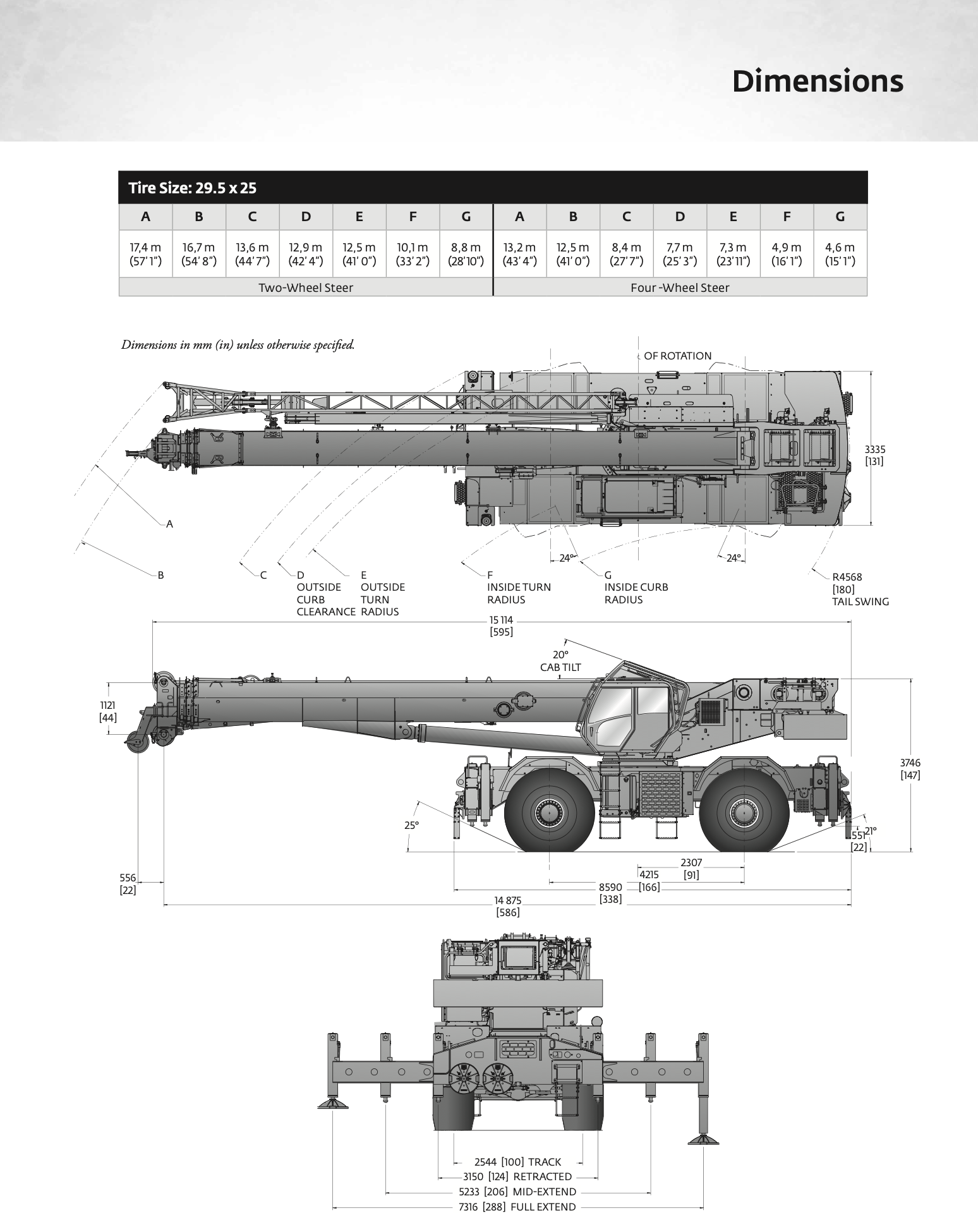 Diagrama técnico de una grúa con dimensiones y especificaciones en milímetros y pulgadas, incluyendo vista lateral, superior y frontal