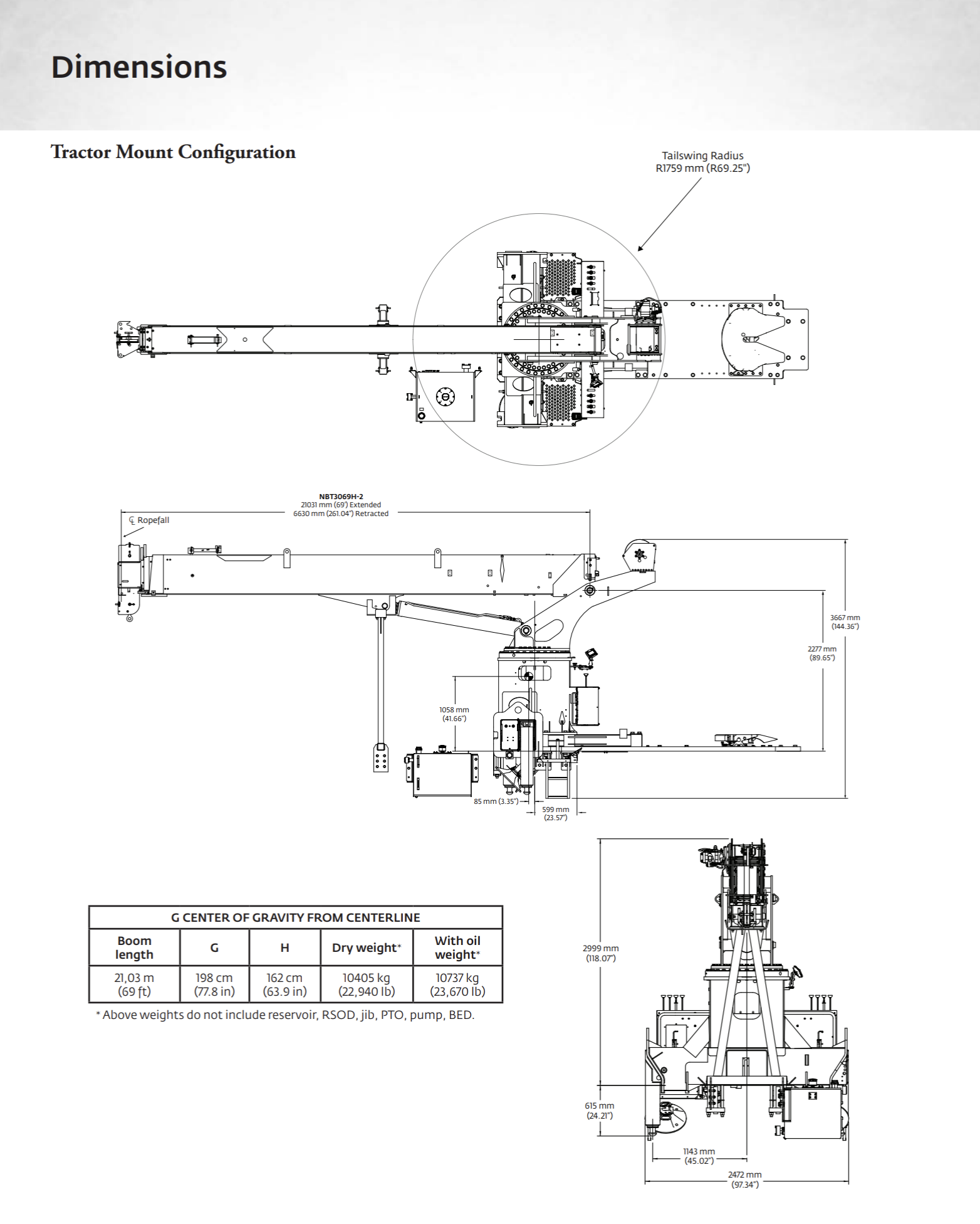Plano técnico de un montaje de tractor en dimensiones, vista encima, lateral y frontal con detalles y mediciones, título 'Dimensiones' y 'Configuración de Montaje del Tractor'.