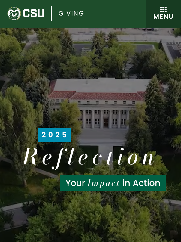 Screenshot: 2025 "Reflection" CSU donor impact report homepage