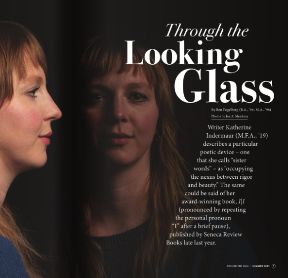 Magazine page featuring a woman looking into a mirror, with text about the book 'Through the Looking Glass' by Katherine Indermaur.