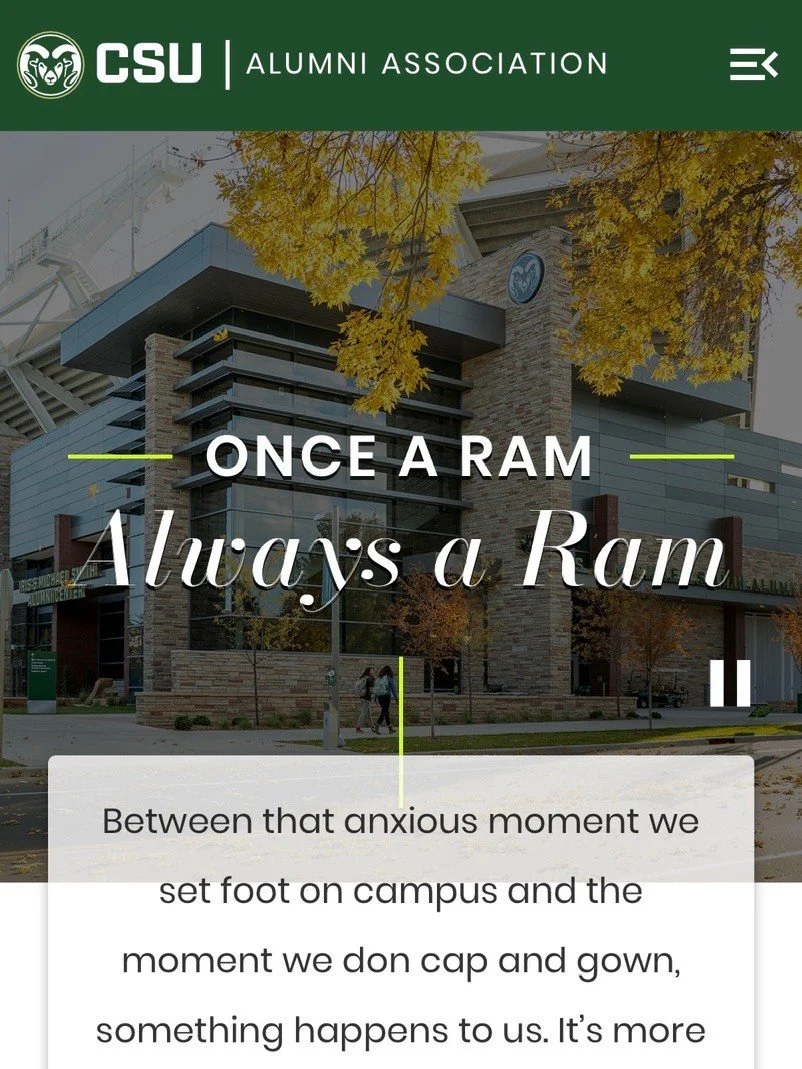 Screenshot: CSU alumni website homepage, tagline "Once a Ram, Always a Ram"