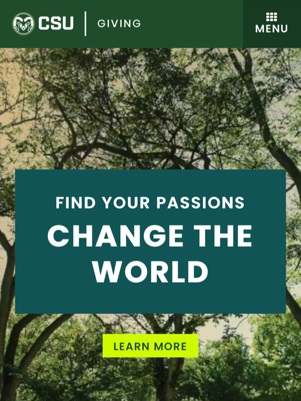 Screenshot: CSU giving website homepage with tagline "Find Your Passions Change the World" over background of trees.