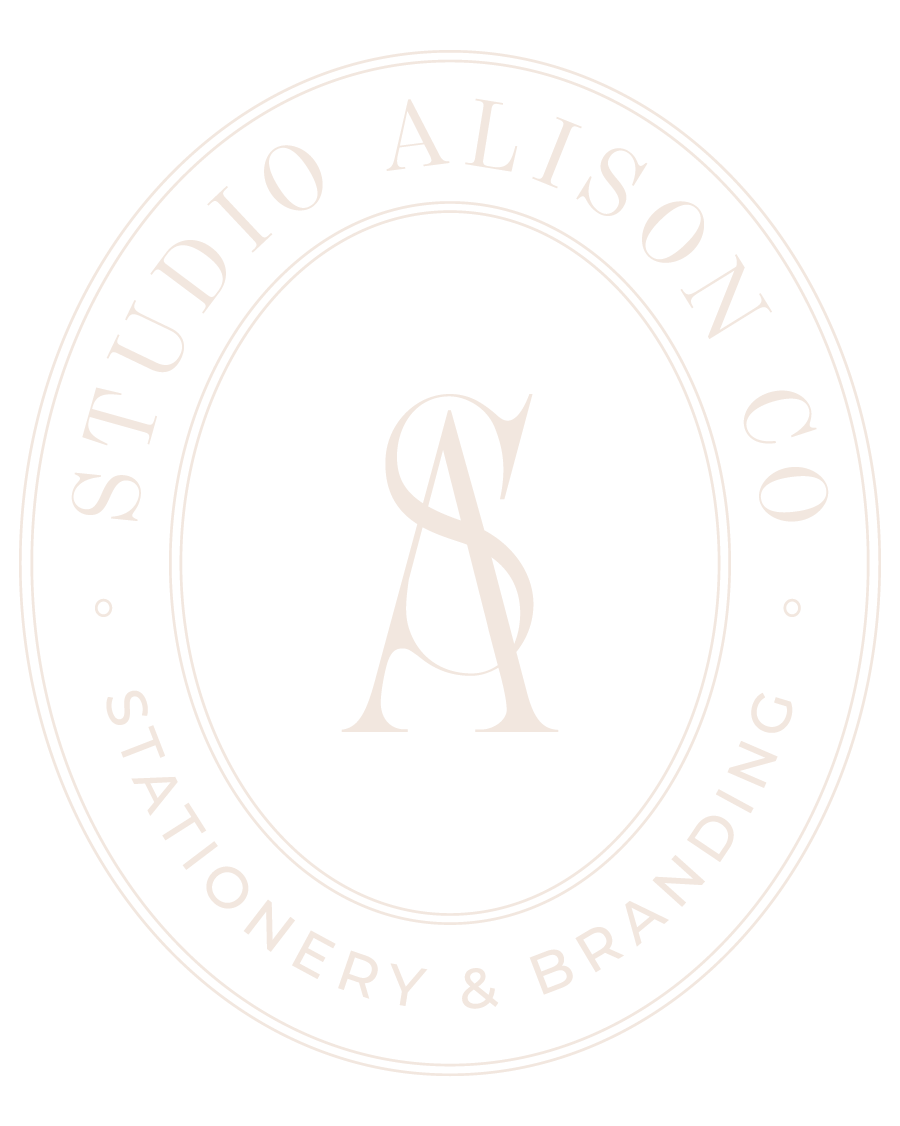 Logo for Studio Alison Co featuring a stylized letter A and S intertwined, surrounded by text reading 'Studio Alison Co, Stationery & Branding' in an oval shape.