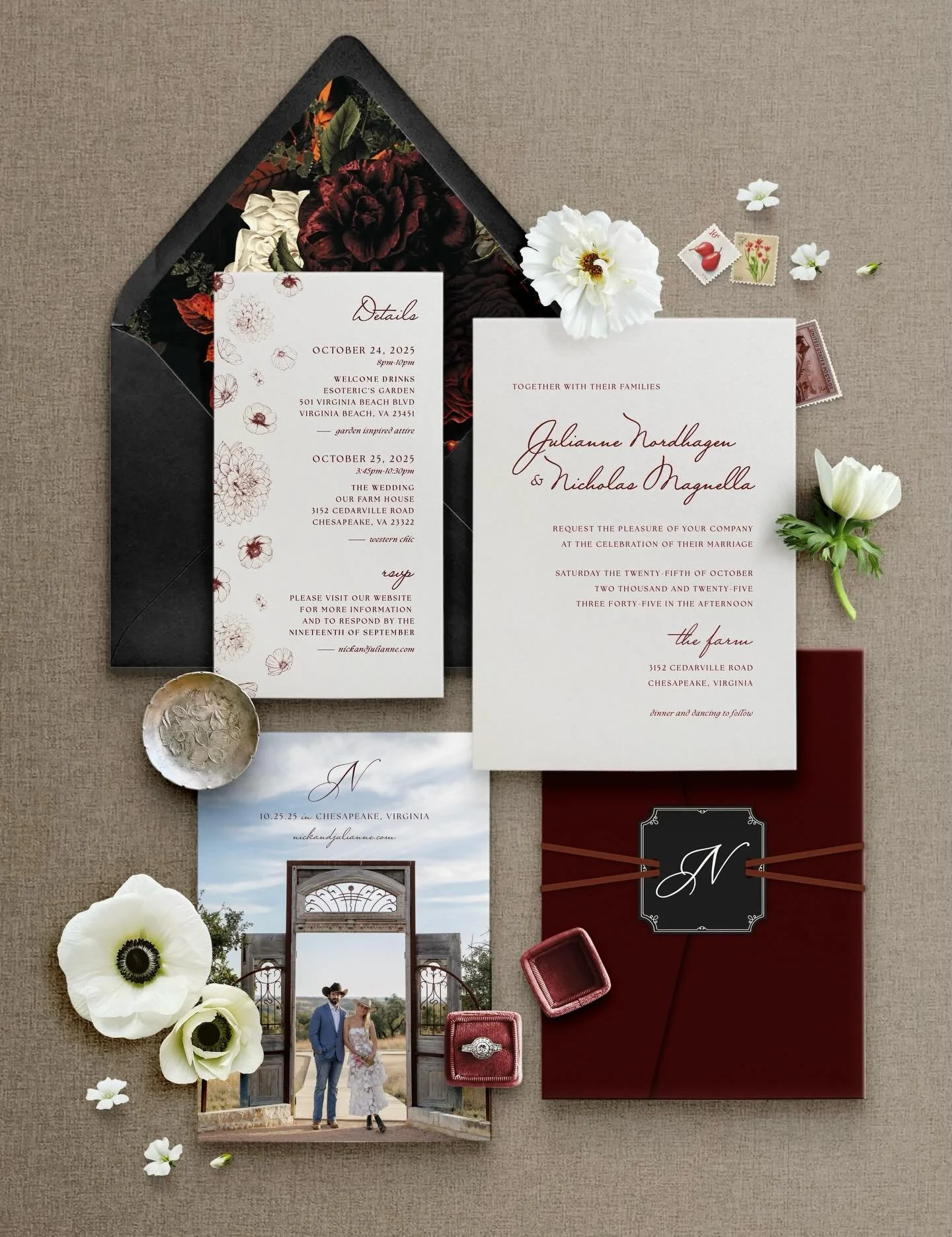 Another look at Julianne &amp; Nick&rsquo;s custom suite 🥀 We kicked things off with a postcard style save the date featuring a custom &ldquo;JN&rdquo; monogram. For the invitation suite, we tied together rich burgundy tones, bold florals and a litt