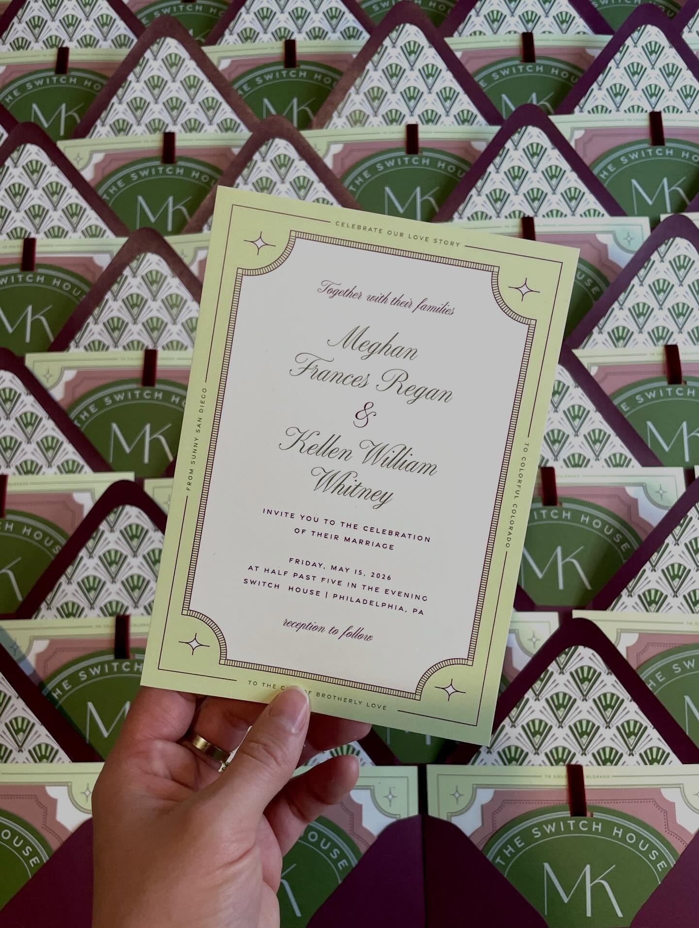 I love all of the custom elements we were able to incorporate into Meghan + Kellen&rsquo;s invitation suite. They wanted their invitations to be bold, deco-inspired and to tell their incredible story!

Some of my favorite features are:
- The MK monog