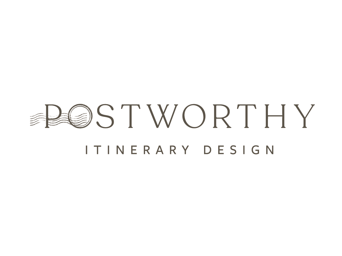 Postworthy Itinerary Design logo with stylized text and postal stamp motif.