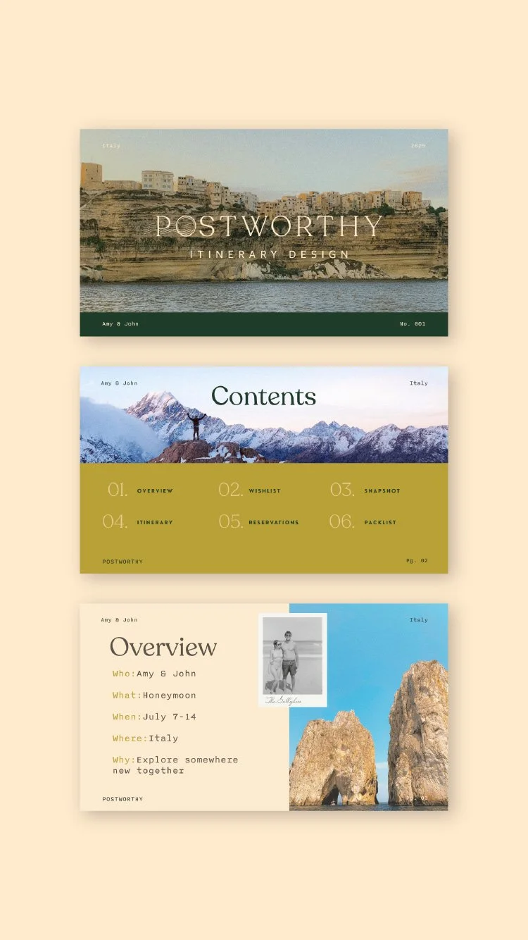 Three travel presentation slides about Italy with images of coastal cliffs, snowy mountains, and rock formations, each including titles, headings, and brief descriptions.