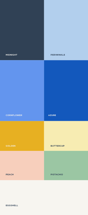 Color palette grid with eight labeled color swatches: Midnight, Periwinkle, Cornflower, Azure, Golden, Buttercup, Peach, Pistachio, Eggshell.