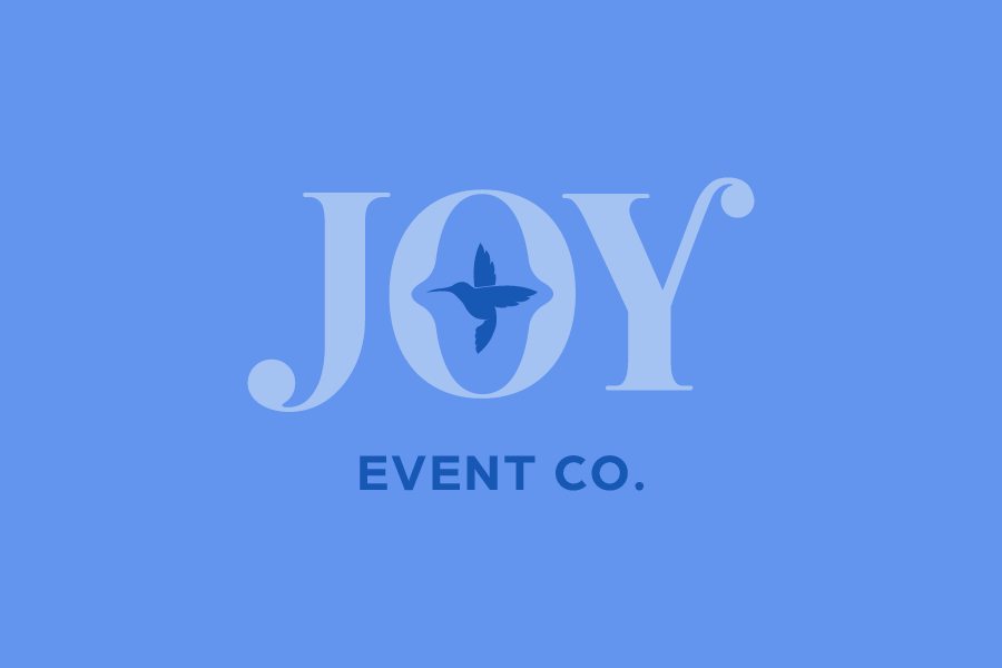 Blue background with the word 'JOY' and a bird silhouette inside the letter 'O', followed by 'EVENT CO.' below.