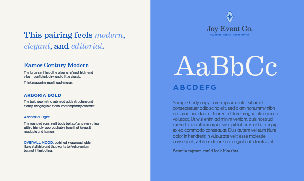 A description of a design layout featuring a blue and white color scheme with text emphasizing modern, elegant, and editorial pairing. It includes sample text about a font style called 'Arborlia Bold,' a letter, and a sample caption, along with stylized headings and a logo for Joy Event Co.