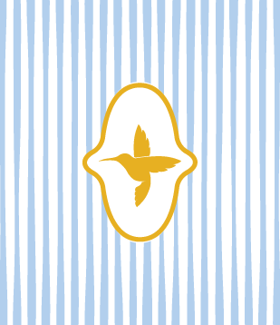 A logo featuring a hummingbird inside a decorative gold-bordered shape on a background of vertical light blue and white stripes.