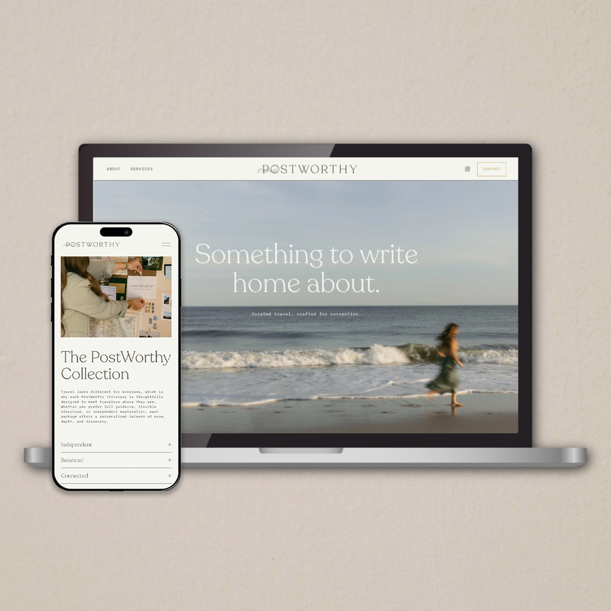 A laptop and smartphone displaying the website for PostWorthy, featuring a beach scene with waves and a blurred woman walking on the shore.