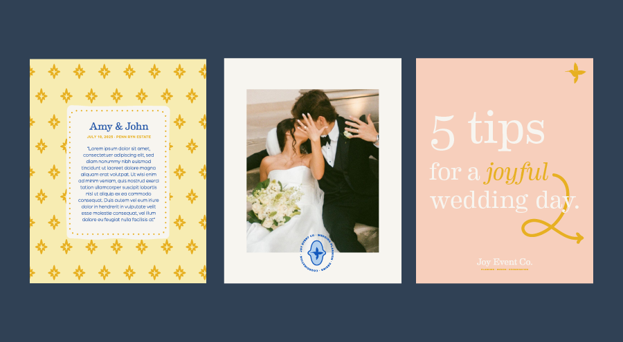 Three wedding-related images, including a wedding announcement card, a photo of a bride and groom covering their faces, and a tip card for a joyful wedding day.