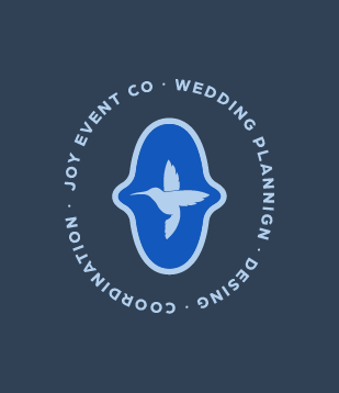 Logo for Joy Event Co featuring a stylized bird within a blue oval with text around it.