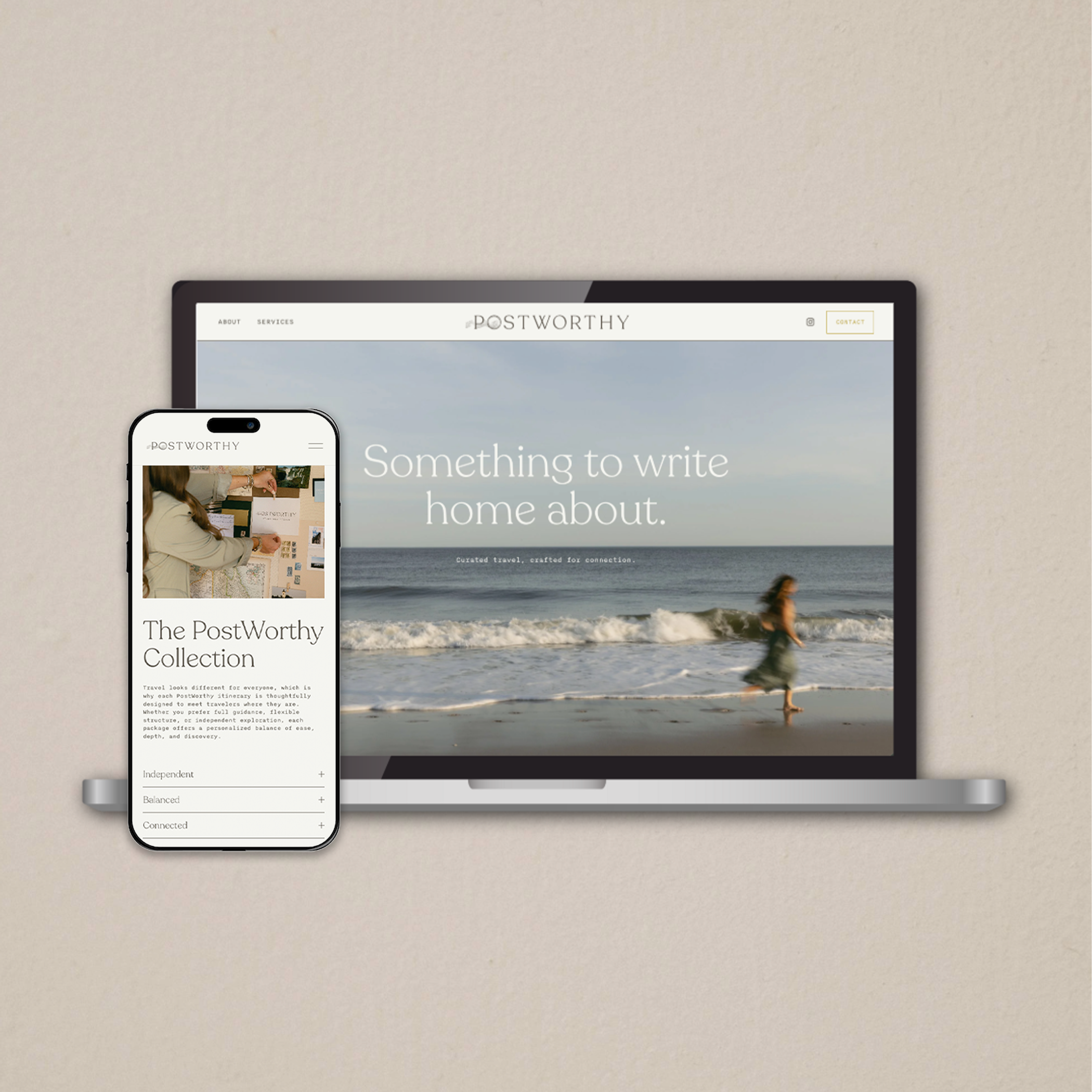 A laptop and a smartphone displaying a website called PostWorthy, featuring a person on the beach and the text 'Something to write home about.'