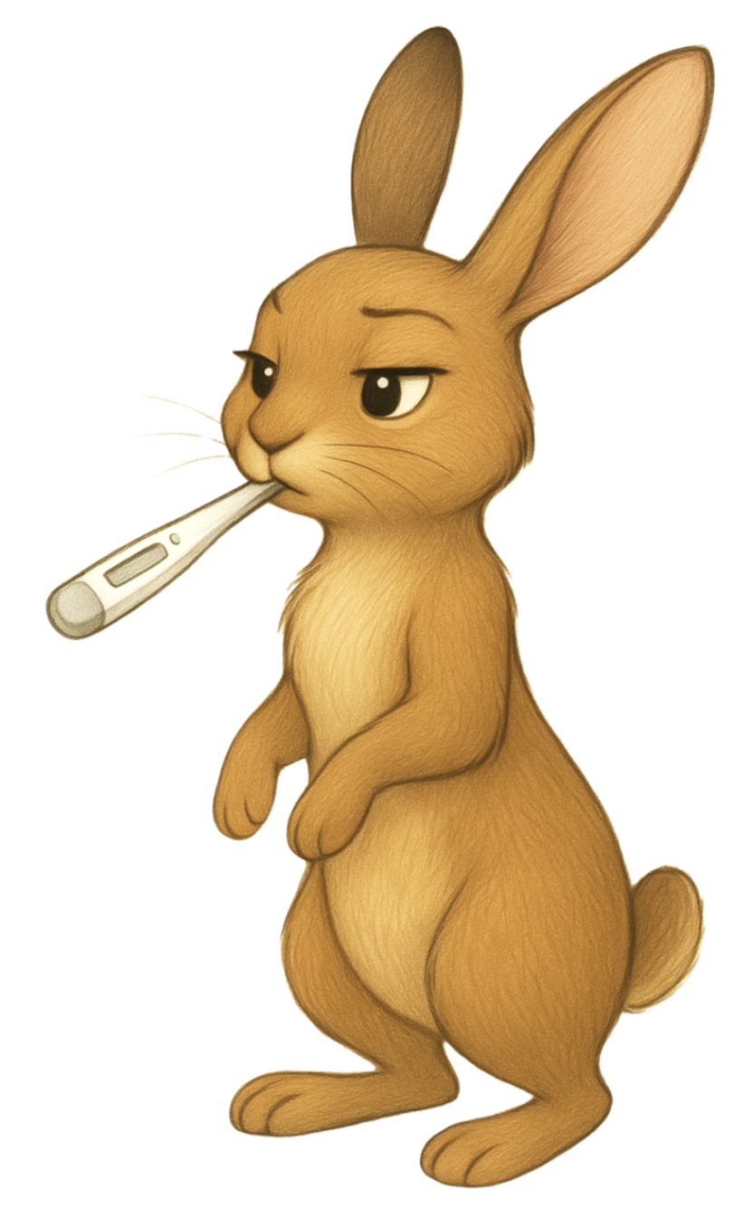 Animated rabbit with a thermometer in its mouth, holding a serious expression.