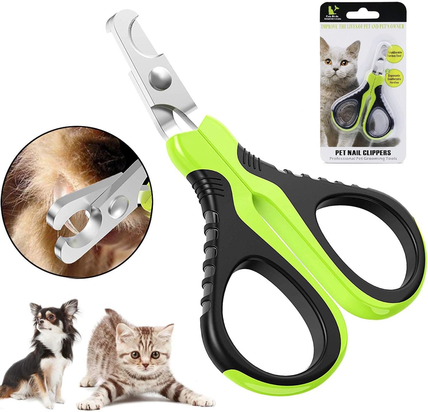 Pet nail clippers with green and black handle, stainless steel blades, and a safety guard, shown with a close-up of the clipping blade on a pet's nail, and images of a dog and a cat.