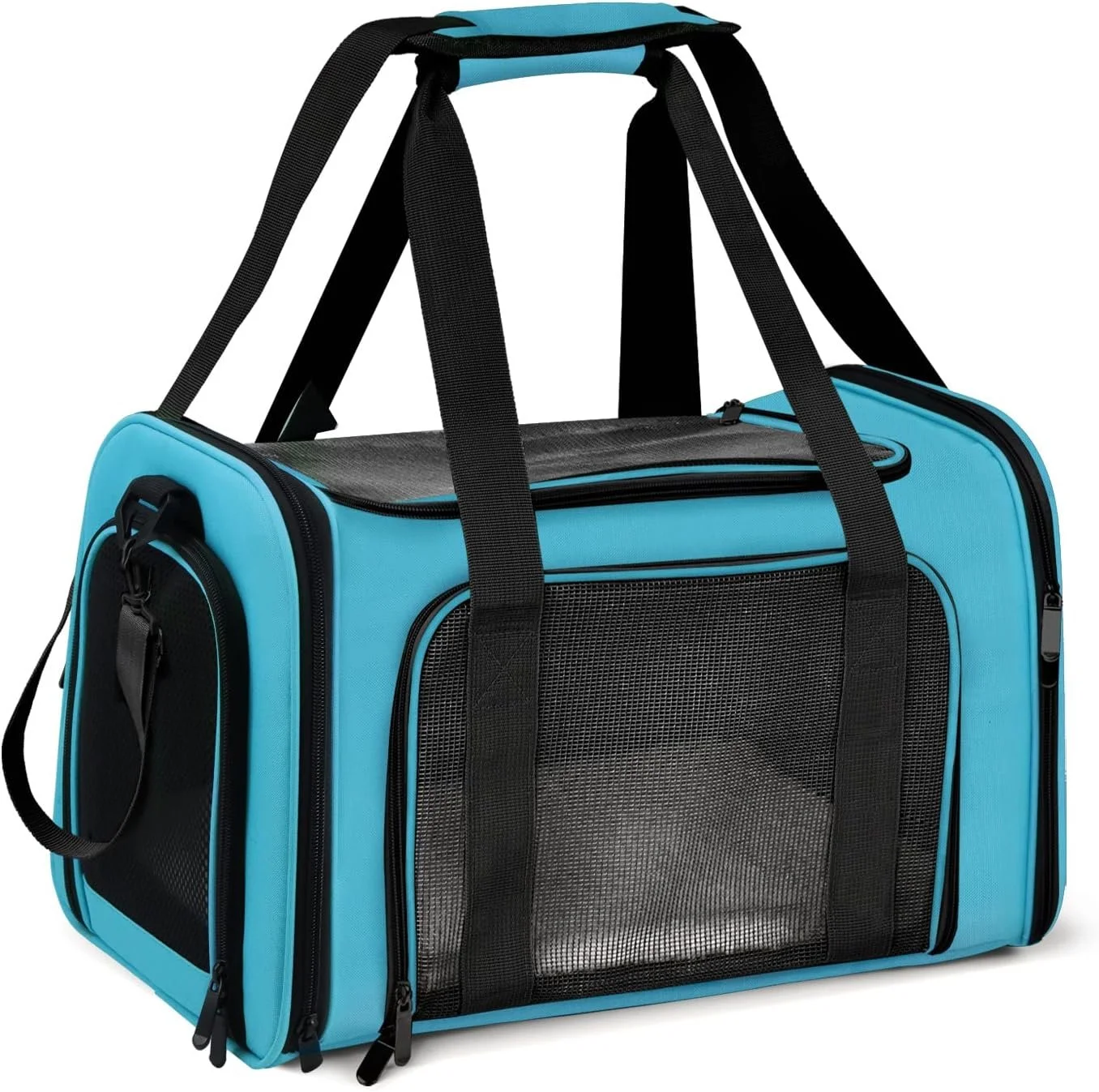 Blue pet carrier with black mesh sides and black straps.