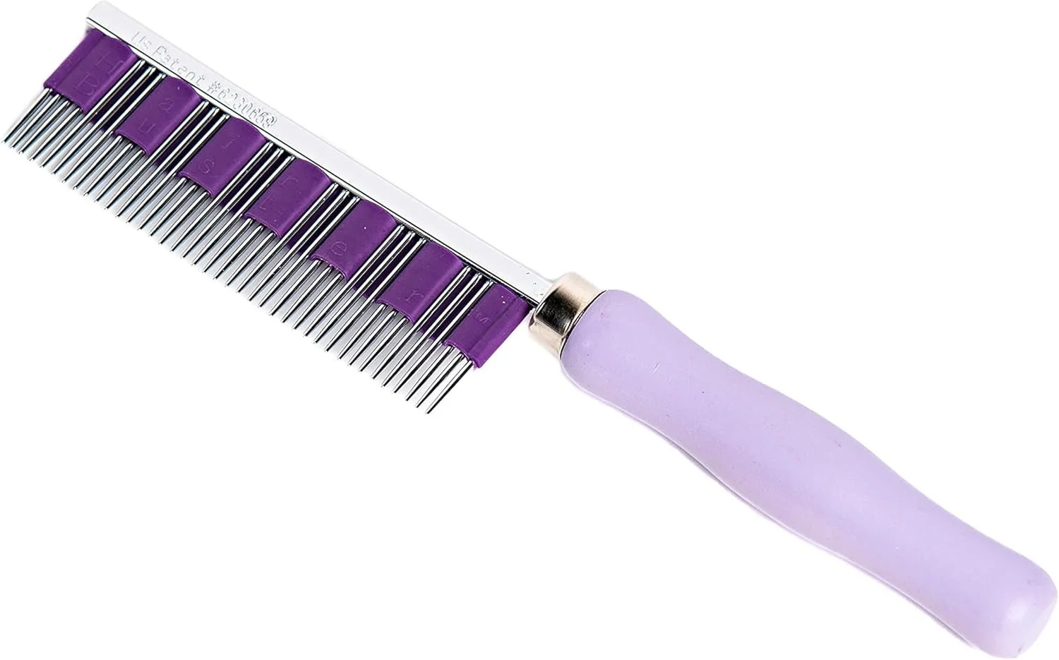 A thinning hair razor with a purple handle and a silver blade with purple attachments