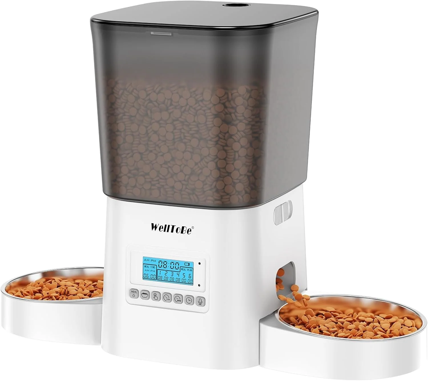 Automatic pet feeder dispensing dry food into two bowls.