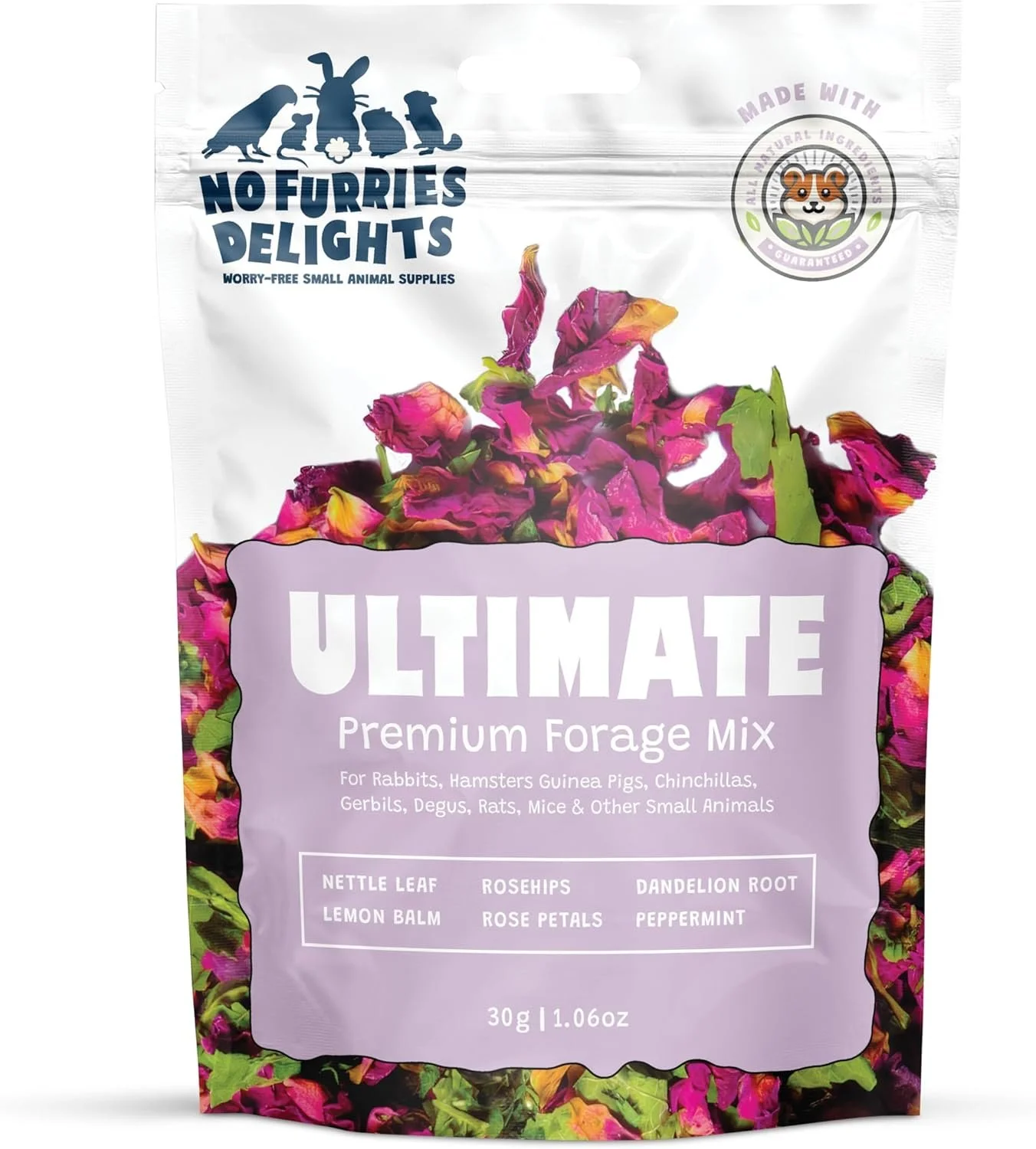Package of Ultimate Premium Forage Mix for small animals, featuring dried flowers and herbs, with a purple label and illustrations of animals at the top.