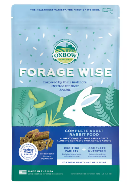 A bag of Oxbow Forage Wise rabbit food featuring a white rabbit illustration, green plants, and informational labels about the product's benefits.