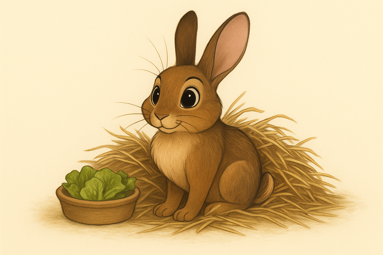 A cartoon rabbit sitting on a pile of hay, with a bowl of lettuce in front of it.